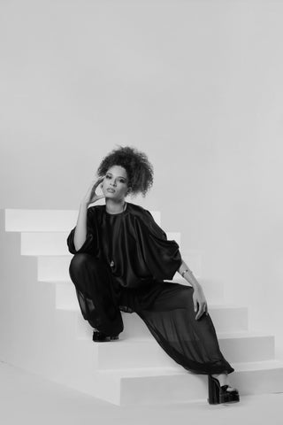 AHD LA Black Satin Silk Crop Top Shirt & Black Silk Chiffon Pants by Anthony Hamdan Djendeli