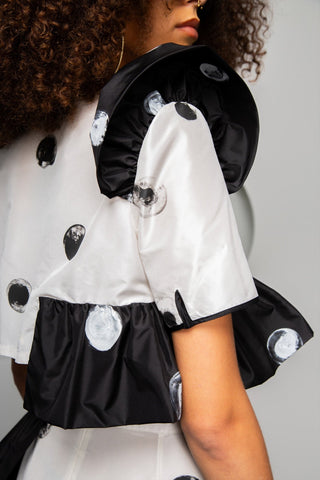 Black & White Crop Top With Ruffle Sleeves - Djendeli - Aurora Crop - Tops - White/Black - Silk