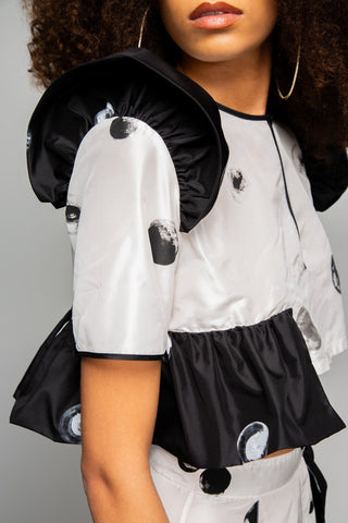 Black & White Crop Top With Ruffle Sleeves - Djendeli - Aurora Crop - Tops - White/Black - Silk