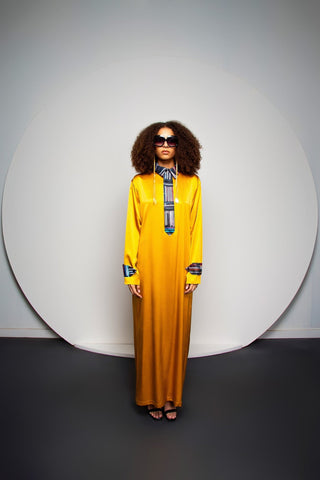 Modern Djellaba-Style Gold Silk Dress - Djendeli - Dalila Djellaba Dress - Dresses - Gold/Multicolor - Silk/Polyester