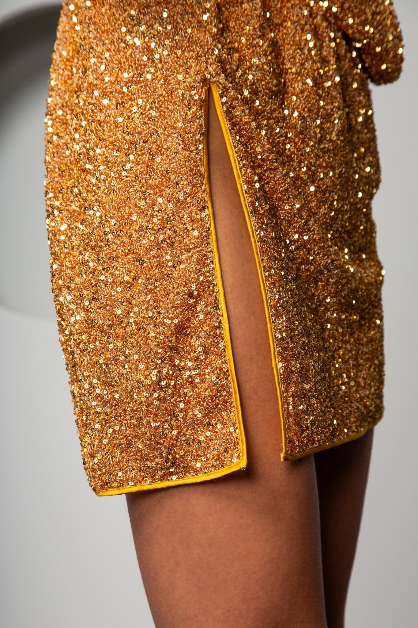 Gold Shimmer Mini Dress with Black Sequin Panel - DJENDELI Gold Shimmer Mini Dress with Black Sequin Panel - DJENDELI
