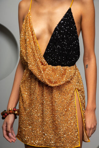 Gold Shimmer Mini Dress with Black Sequin Panel - Djendeli - Golden Dress - Dresses - Gold/Black - Sequined