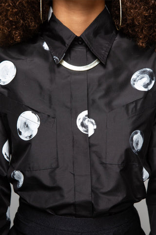 Black Silk Taffeta Button-Down Shirt with Hand-Painted Polka Dots - Djendeli - Helen Button-Down Shirt - Tops - Black/White - Silk