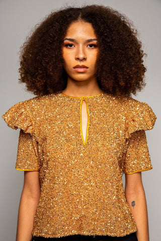 Golden Sequin Shirt with Flutter Cap Sleeves - Djendeli - Leila Top - Tops - Gold - Sequined